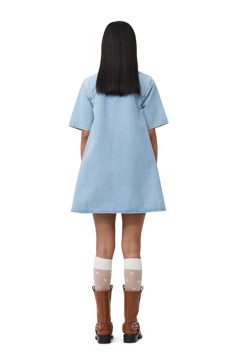 Cutline Denim Mini Dress, Cotton, in colour Mid Blue Vintage - 2 - GANNI