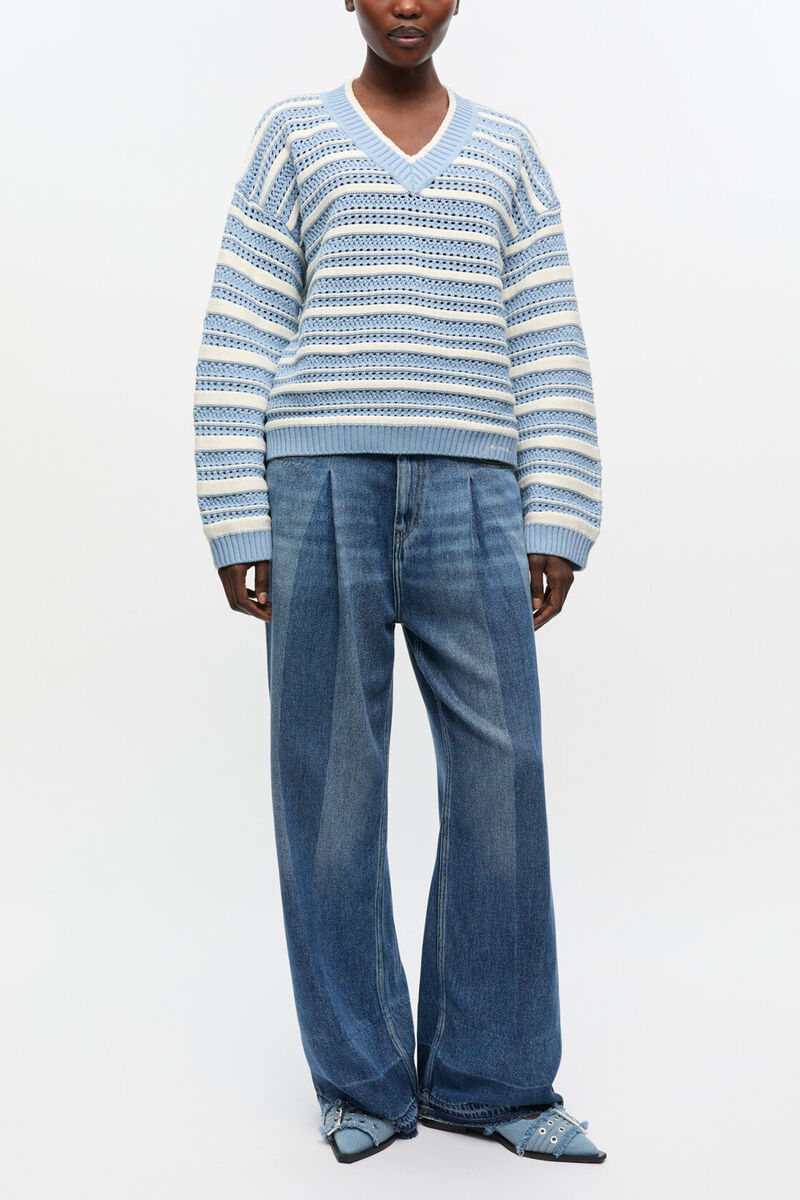 Blue Striped Cotton V-neck Jumper, Organic Cotton, in colour Egret - 2 - GANNI