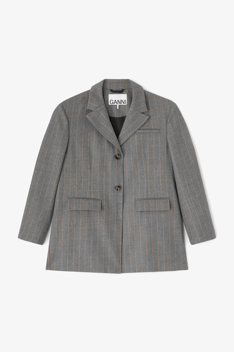 Grey Stripe Wool Blazer, Wool, in colour Pewter Melange - 1 - GANNI