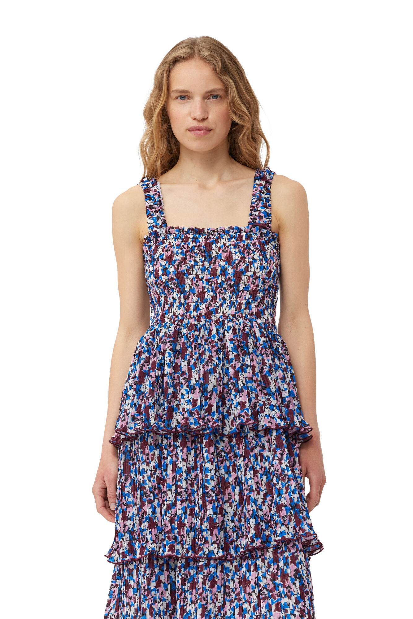 Multicolour Pleated Georgette Flounce Smock Midi Dress, Recycled Polyester, in colour Multicolour - 4 - GANNI