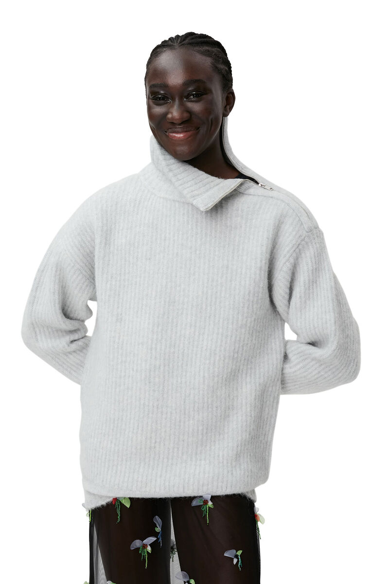 Highneck Zipper Pullover, Alpaca, in colour High Rise - 3 - GANNI