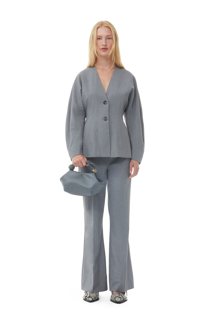 Grey Drapey Melange Pants, Elastane, in colour Paloma Melange - 1 - GANNI