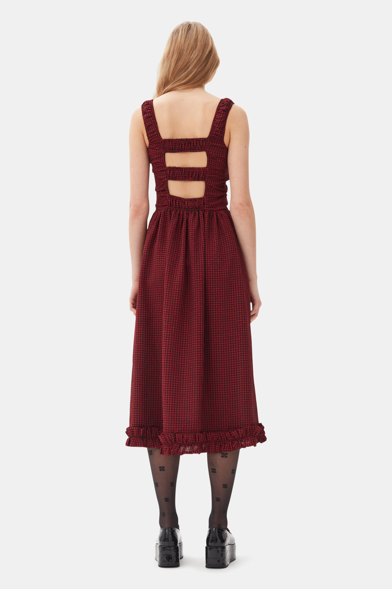 Red Sheer Midi Strap Smock Dress, Recycled Polyester, in colour Winery - 4 - GANNI