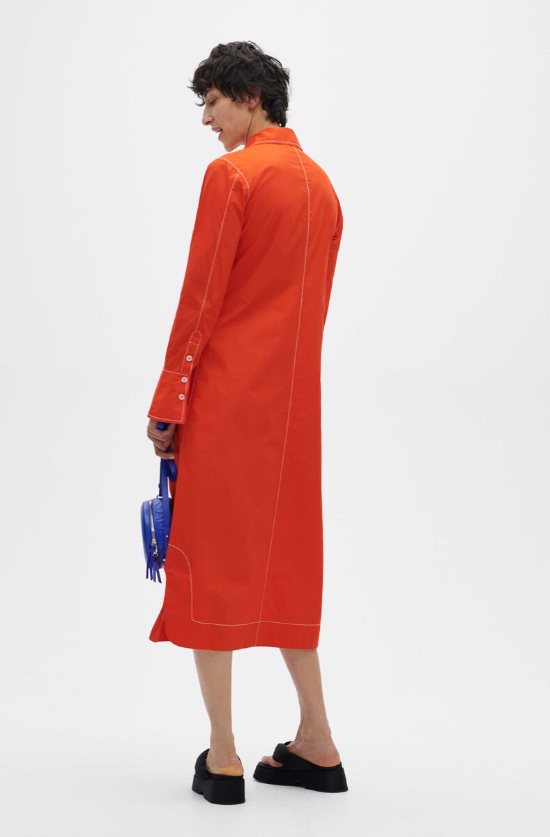 Gathered Placket Midi Dress, Cotton, in colour Orangedotcom - 2 - GANNI