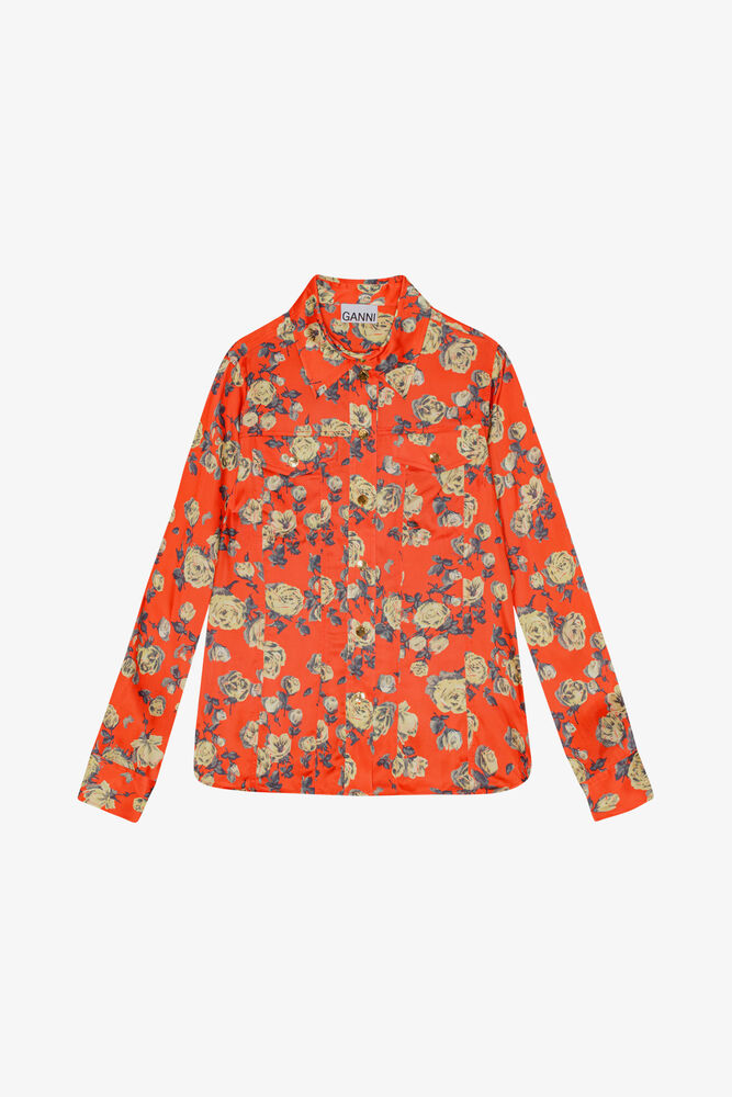 Orange Floral Printed Satin Shirt, Poinciana
