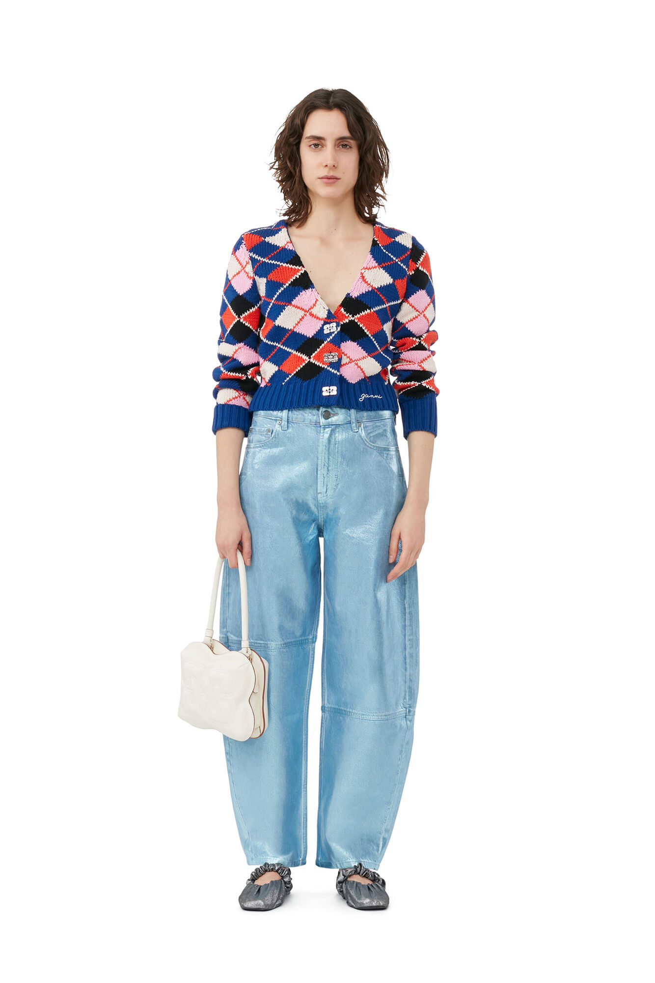 Graphic Cotton V-neck Cardigan, Cotton, in colour Sodalite Blue - 6 - GANNI
