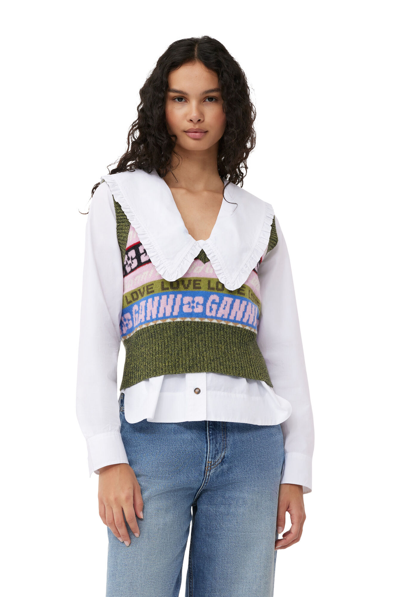 Graphic V-neck Vest, Recycled Polyamide, in colour Multicolour - 4 - GANNI