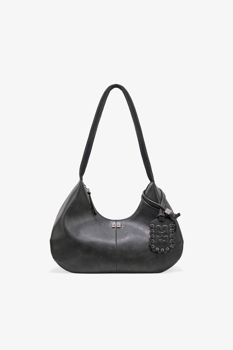 Sac Hobo moyen gris acier, Recycled Leather, in colour Steal Grey - 1 - GANNI