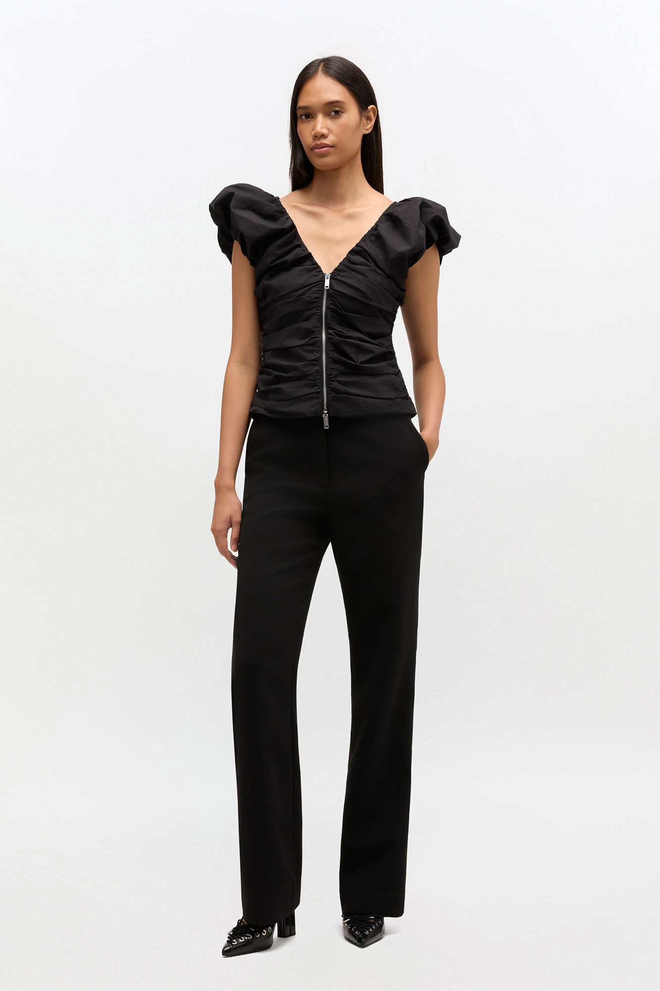 Black Ruched Top, in colour Jet Black - 2 - GANNI