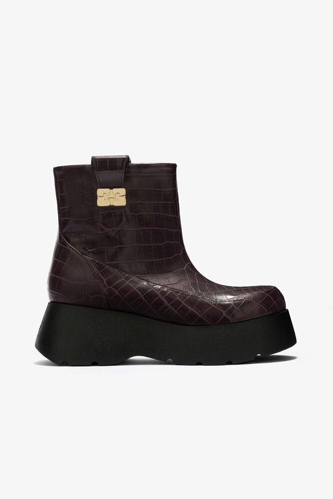 Kat Low Boots in Croco, Chocolate Fondant