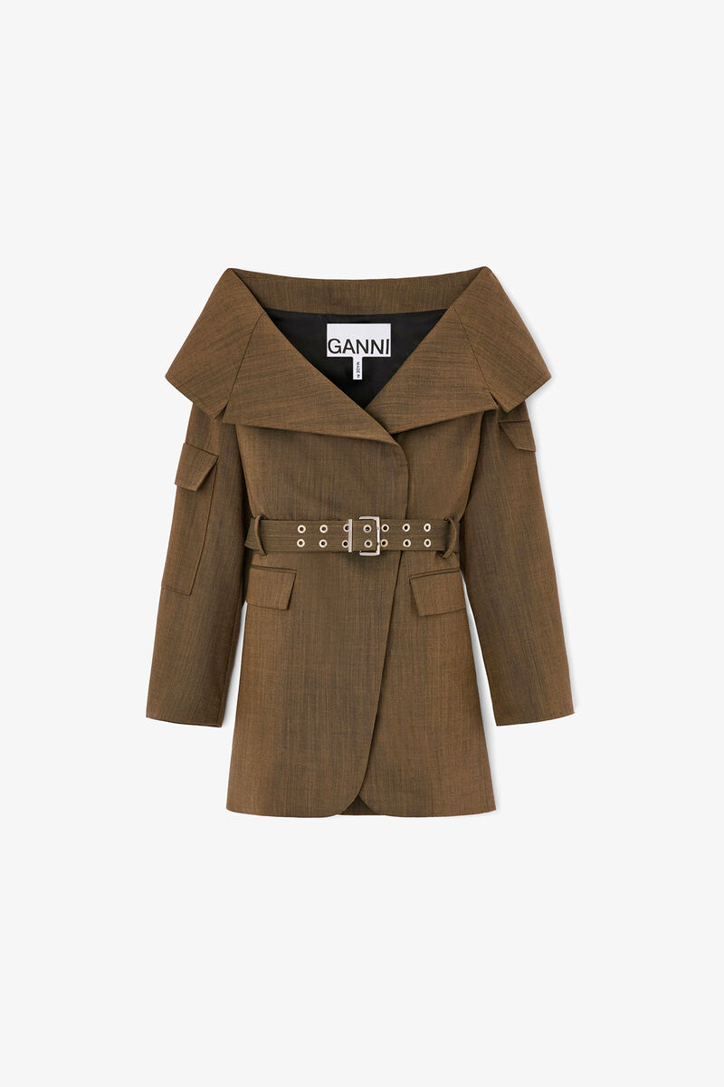 Blazer in Brown Wool Melange, Recycled Wool, in colour Canteen - 1 - GANNI