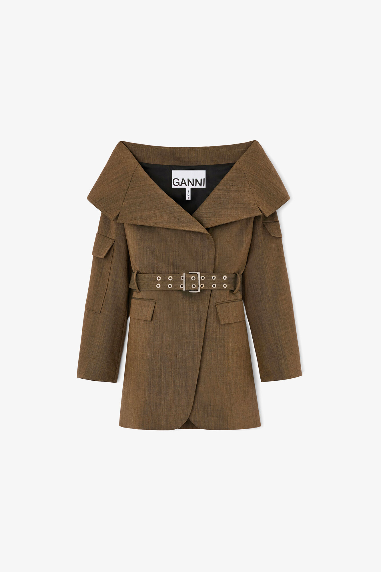 Blazer in Brown Wool Melange, Recycled Wool, in colour Canteen - 1 - GANNI