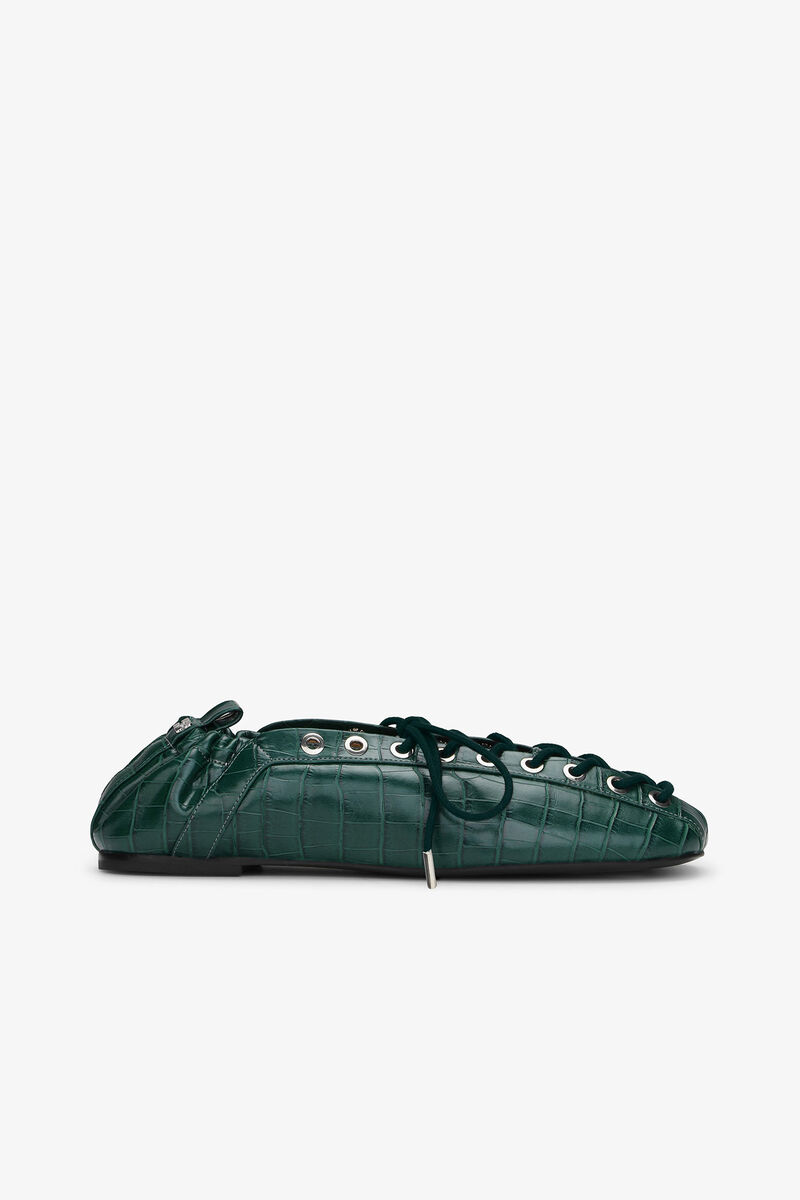 Green Croc-Embossed Lace-Up Flats, Polyurethane, in colour Pineneedle - 1 - GANNI