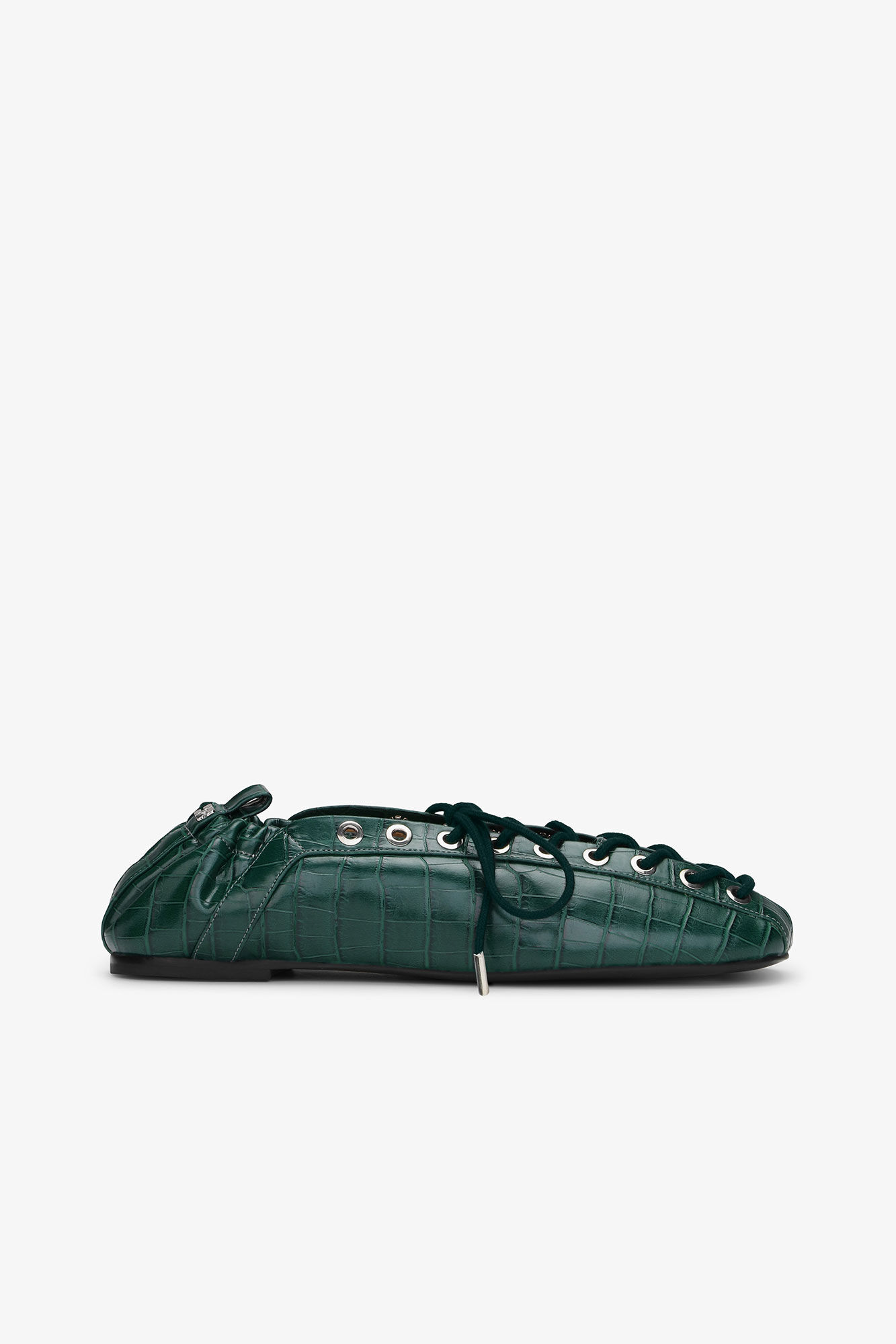 Green Croc-Embossed Lace-Up Flats, Polyurethane, in colour Pineneedle - 1 - GANNI