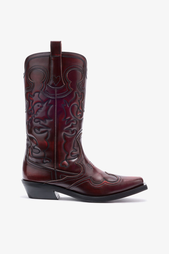 Mid Shaft Embroidered Western Boots in Burgundy, Black/Dark Burgundy