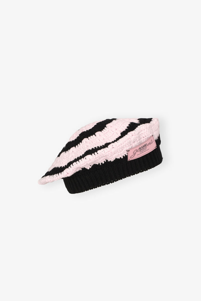Striped Cotton Crochet Beret, Cotton, in colour Primrose Pink - 1 - GANNI