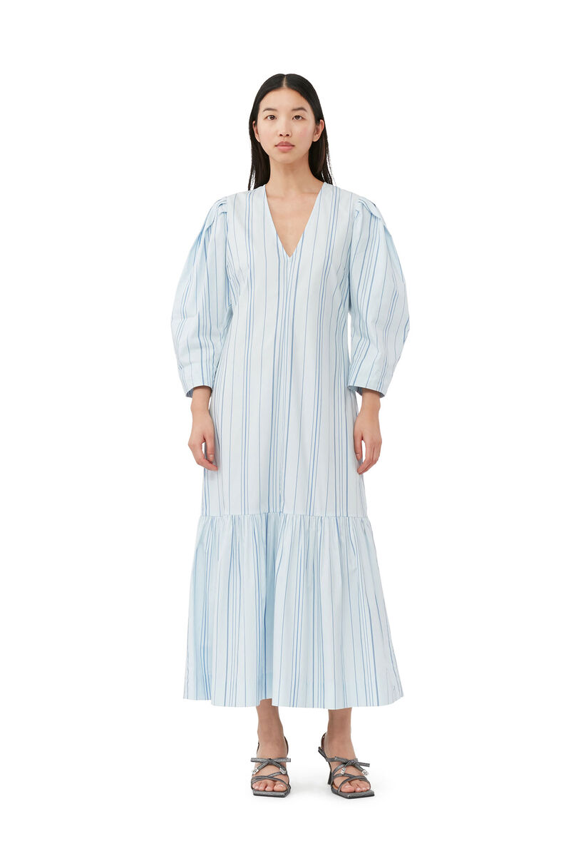 Striped Twill V-neck Maxi Dress, Cotton, in colour Heather - 1 - GANNI