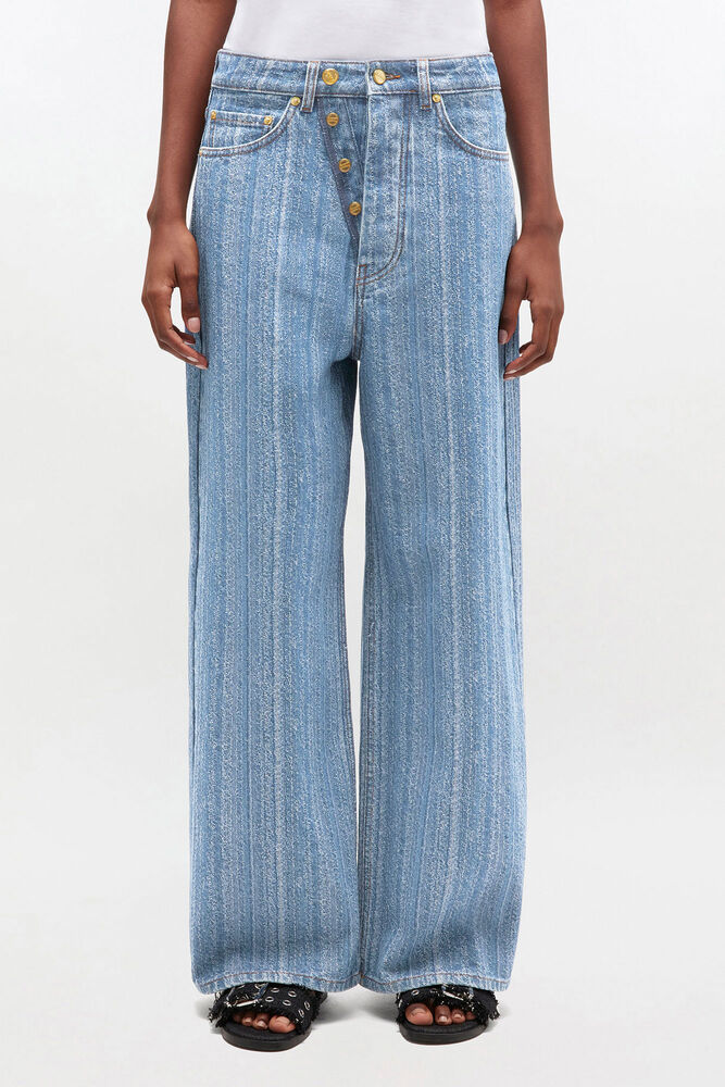 Baggy Jeans in Striped Denim, Mid Blue Stone