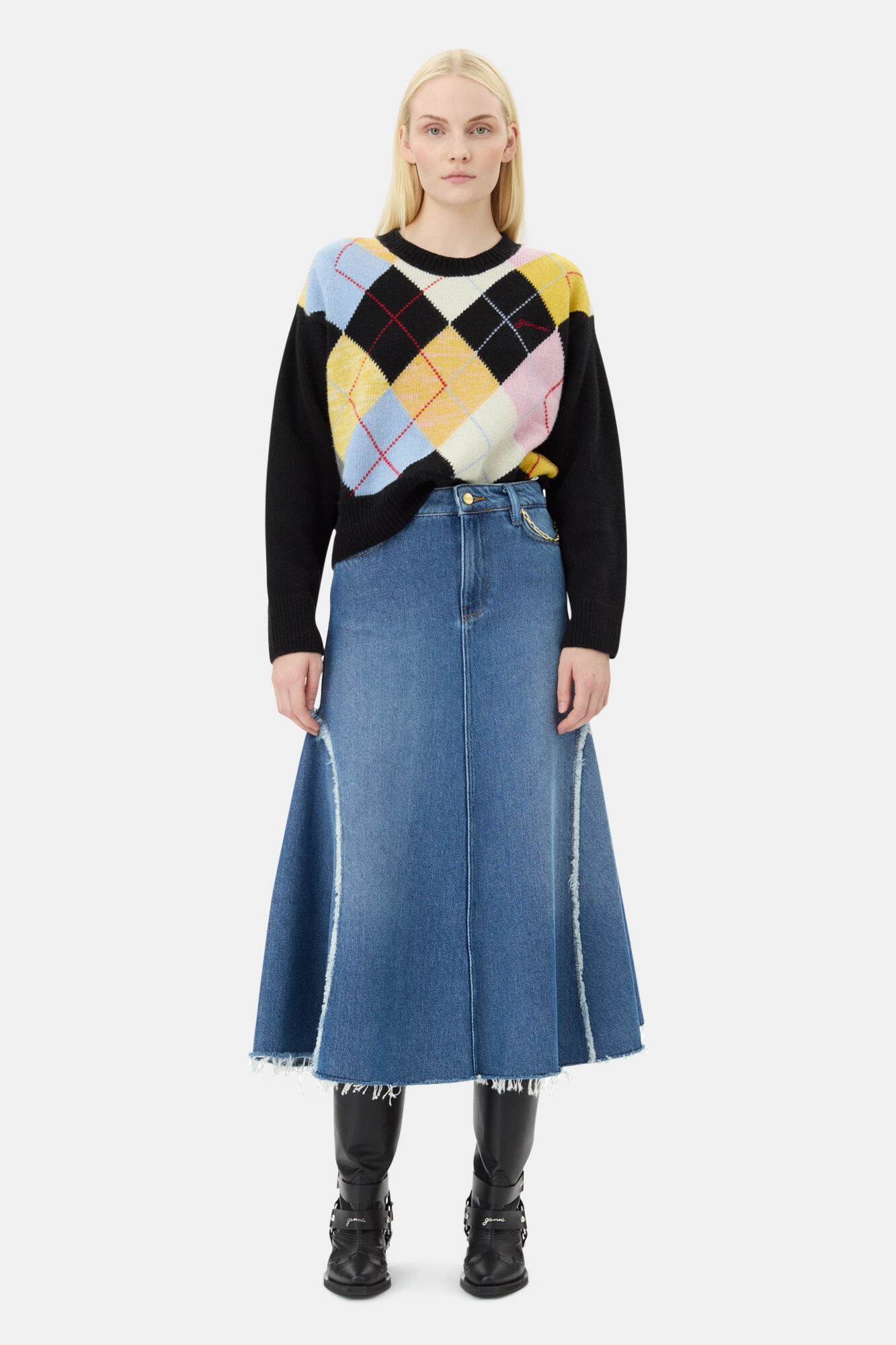 Blue Midi Skirt, Cotton, in colour Mid Blue Stone - 1 - GANNI