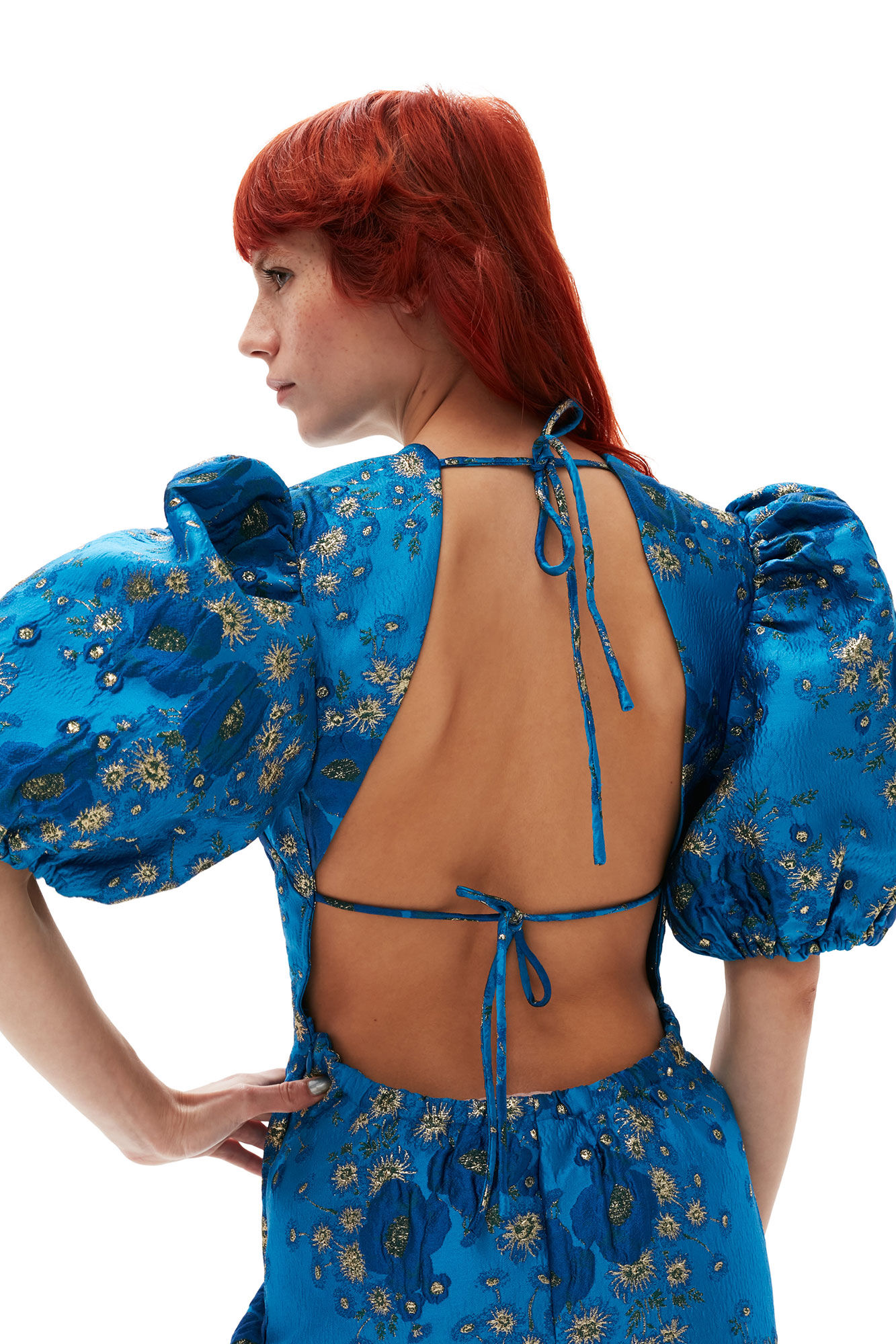 Brilliant Blue 3D Jacquard Open Back Mini Dress | GANNI CA