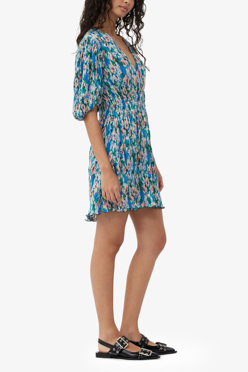 Pleated Georgette V-neck Mini Dress, Recycled Polyester, in colour Floral Azure Blue - 3 - GANNI