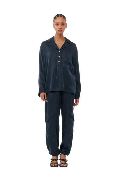 Shop Ganni Blue Washed Satin Trousers In Navy