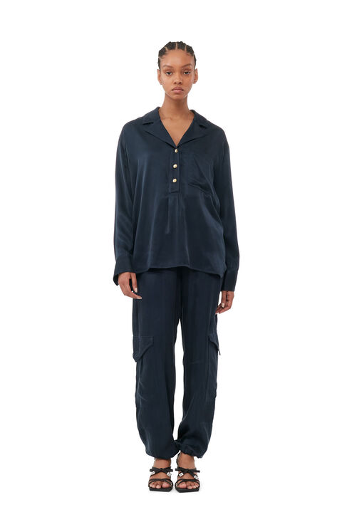 Ganni Blue Washed Satin Pants In Navy