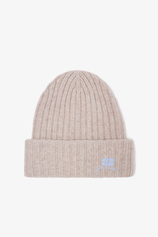 Beige Wool Knit Beanie, Sand