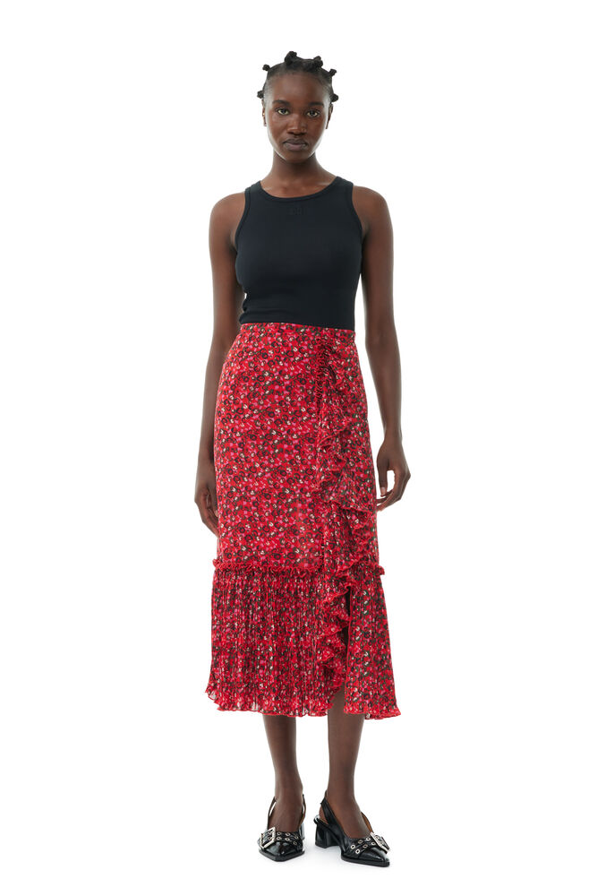 GANNI Red Pleated Georgette Flounce Midi Skirt,Racing Red