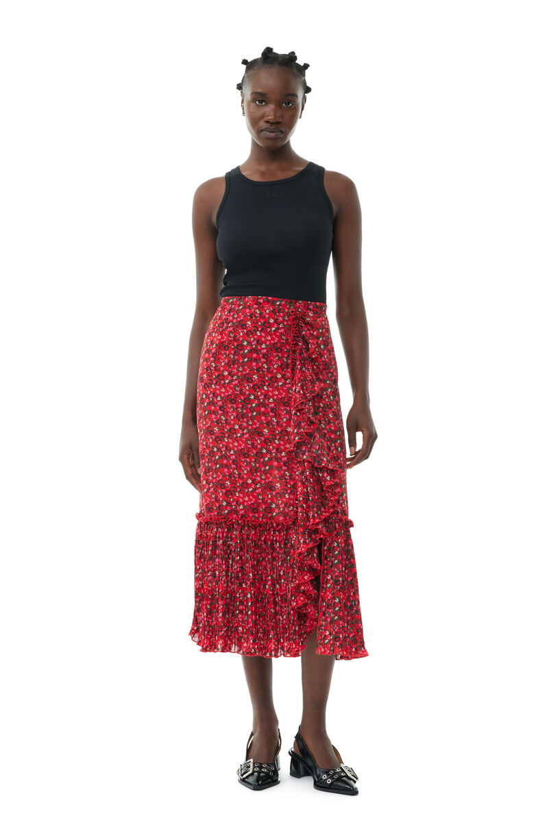 Racing Red Red Pleated Georgette Flounce Midi Skirt | GANNI US