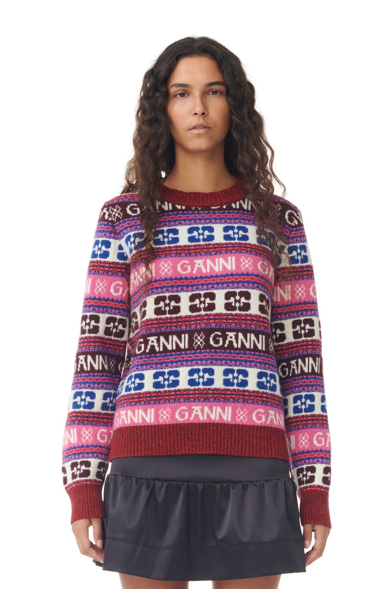 Pink Logo Wool Mix O-neck Pullover, Recycled Polyamide, in colour Multicolour - 1 - GANNI