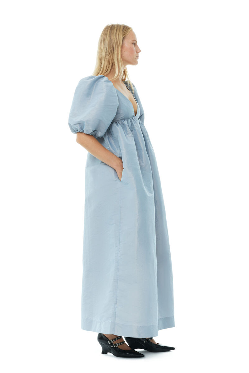 Light Blue Shiny Taffeta Long-kjole, Polyester, in colour Powder Blue - 3 - GANNI