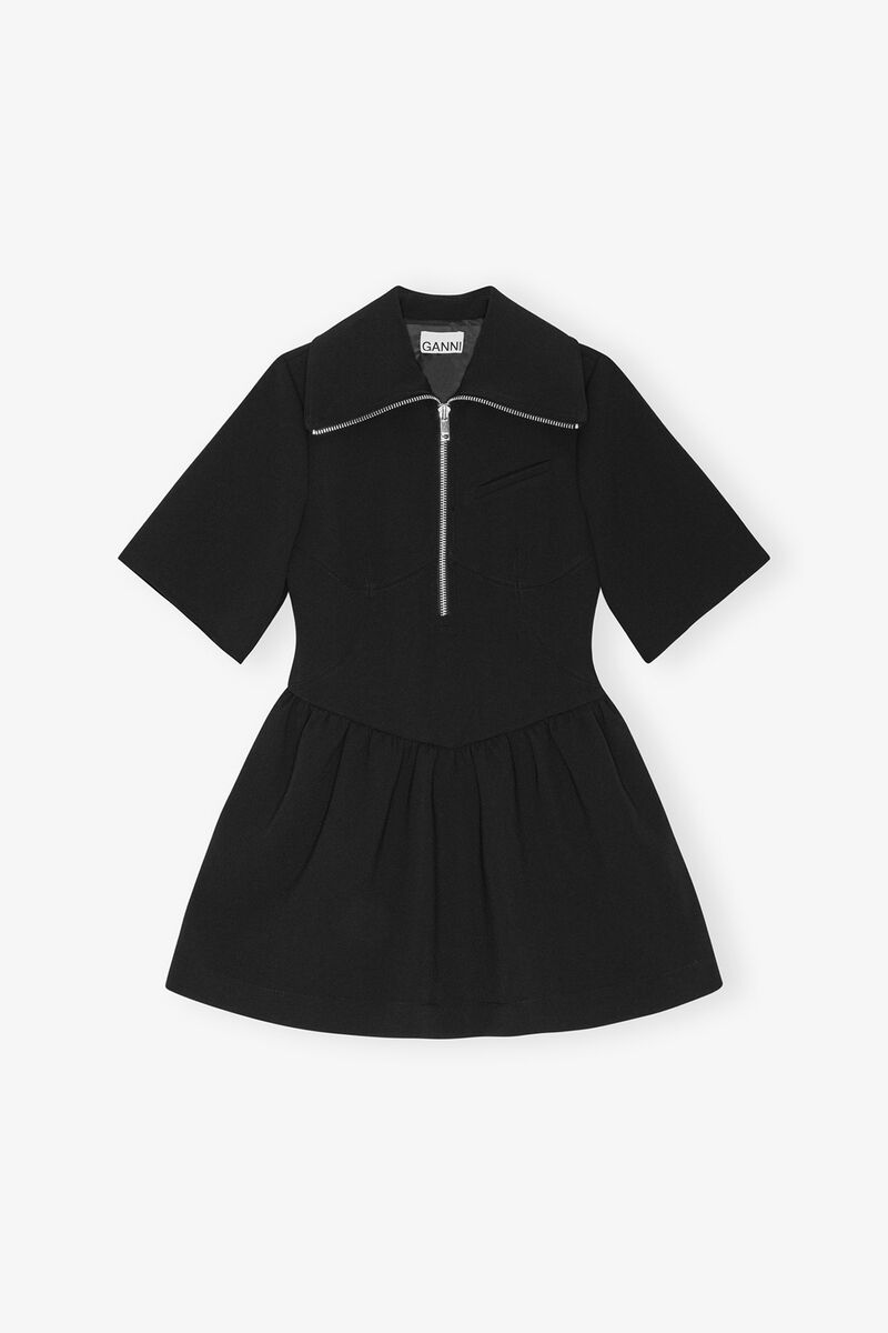 Black Bonded Crepe Mini Dress, Recycled Polyester, in colour Black - 1 - GANNI