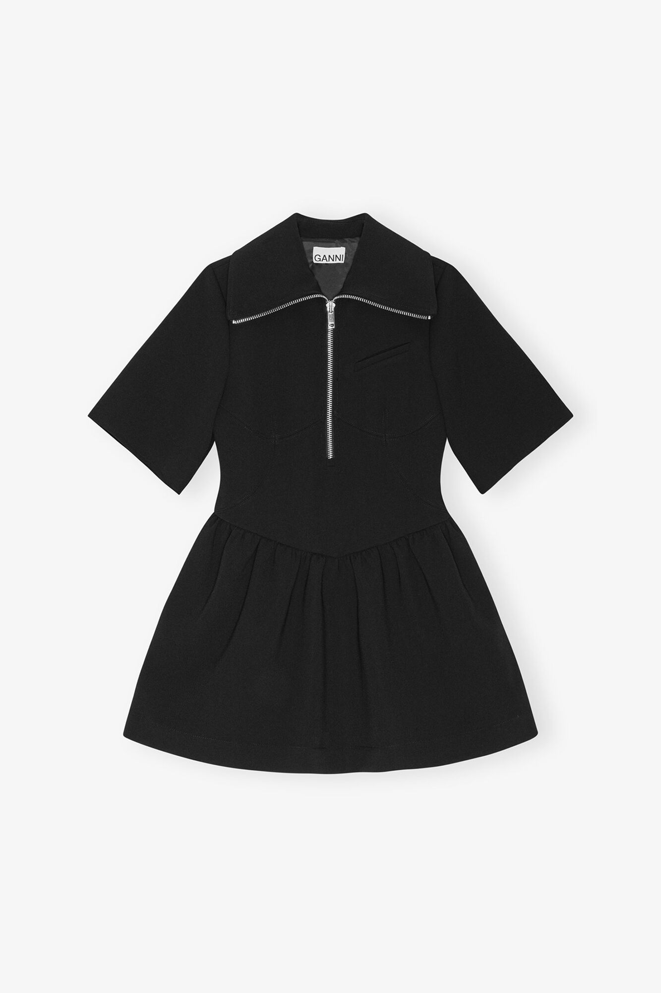 Black Bonded Crepe Mini Dress, Recycled Polyester, in colour Black - 1 - GANNI