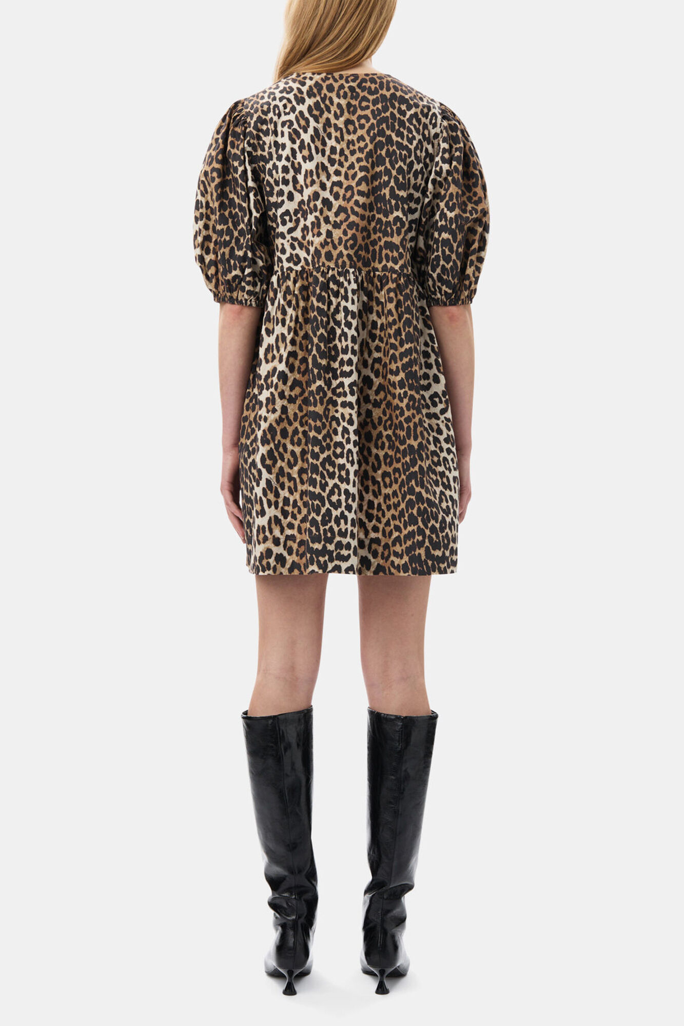 Leopard Printed Cotton Tie String Mini Dress | GANNI US