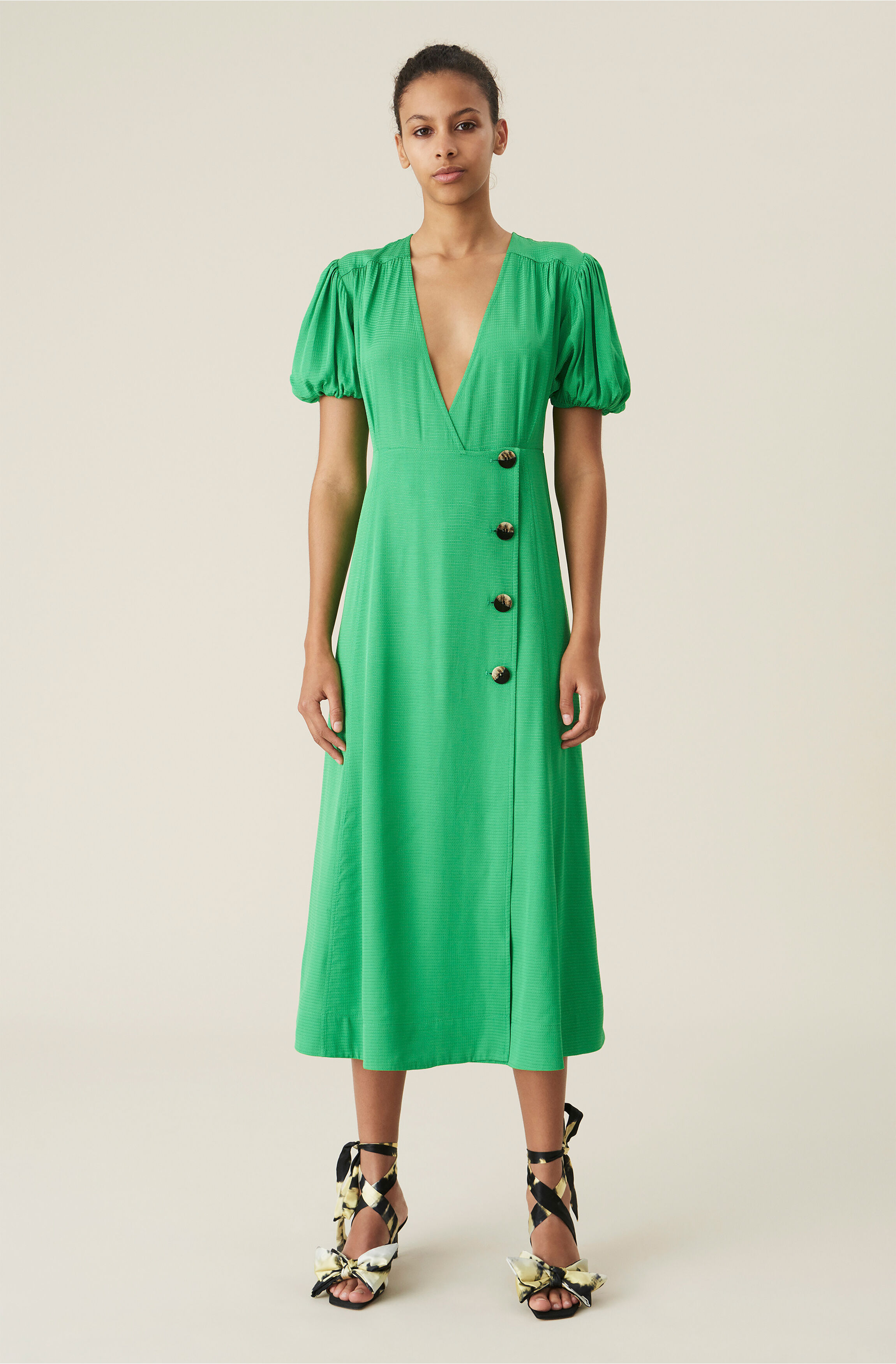 Green Ripstop Wrap Midi Dress, Ecovero Viscose, in colour Kelly Green - 1 - GANNI
