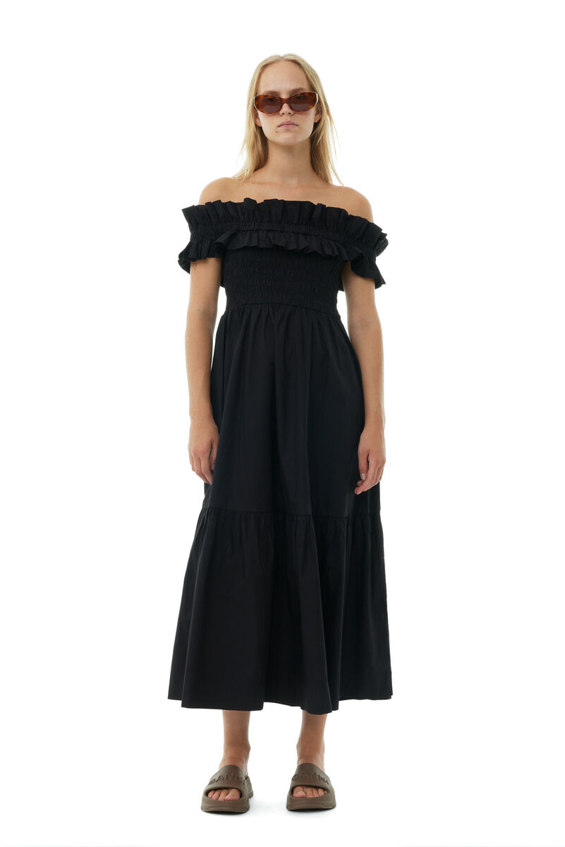 Black Cotton Poplin Long Smock Dress, Cotton, in colour Black - 1 - GANNI