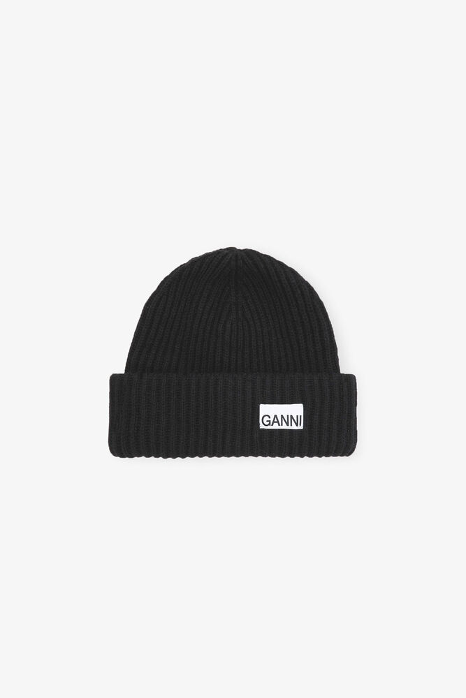 Oversized Wool Rib Knit Beanie, Black