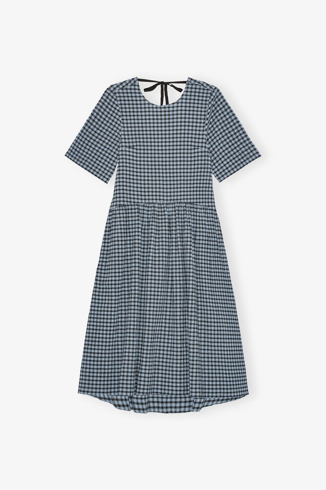 Blue Seersucker Check Midi Dress, Soft Chambray