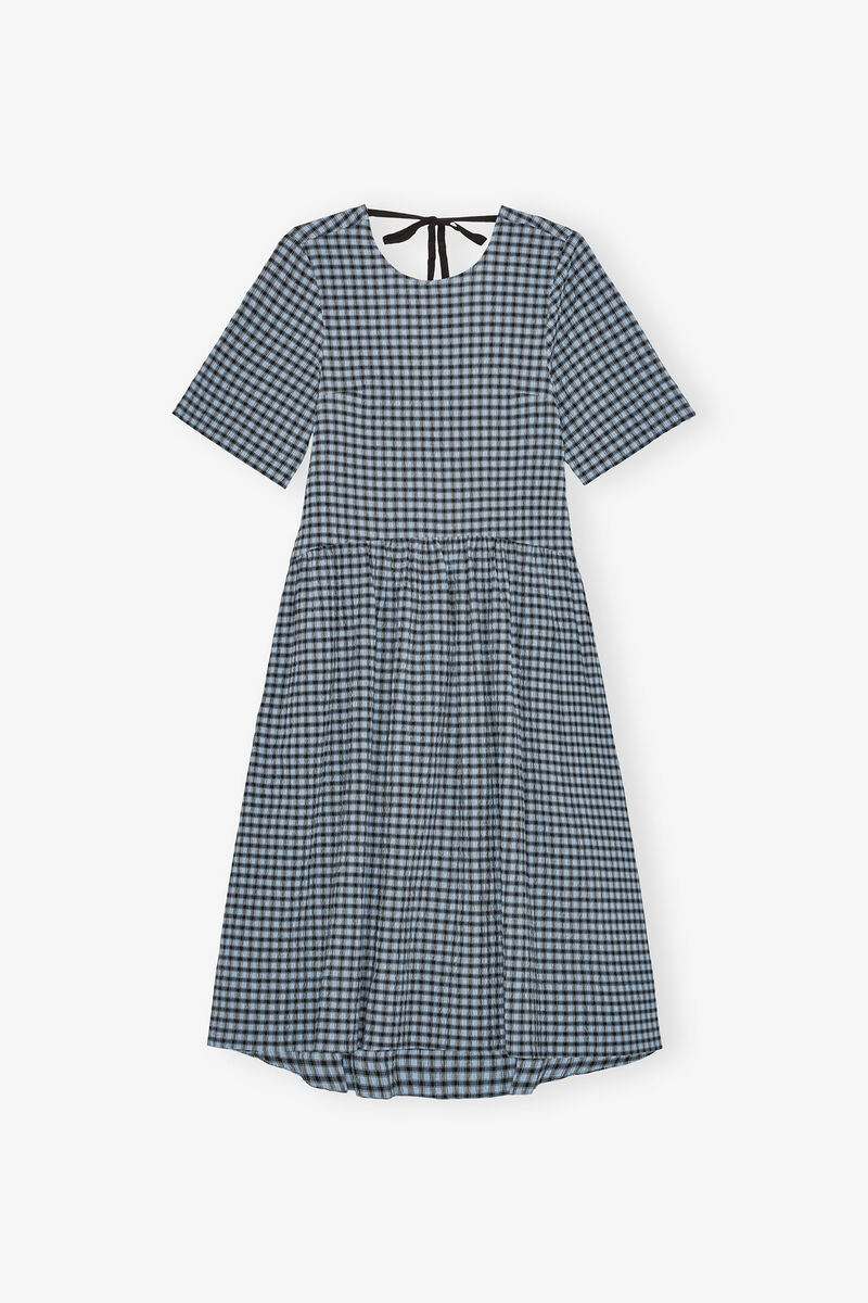 Blue Seersucker Check Midi Dress, Organic Cotton, in colour Soft Chambray - 1 - GANNI