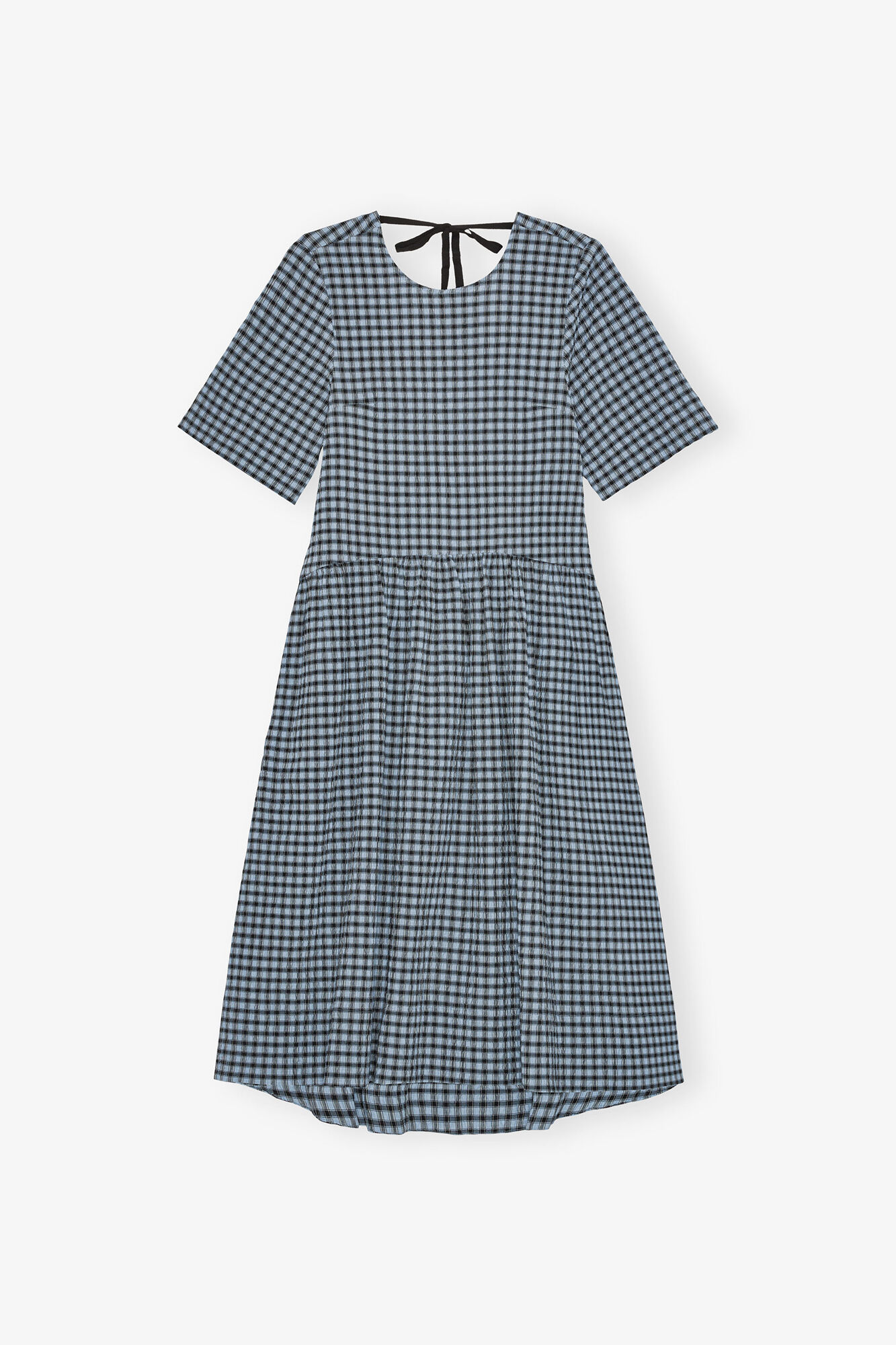 Blue Seersucker Check Midi Dress, Organic Cotton, in colour Soft Chambray - 1 - GANNI