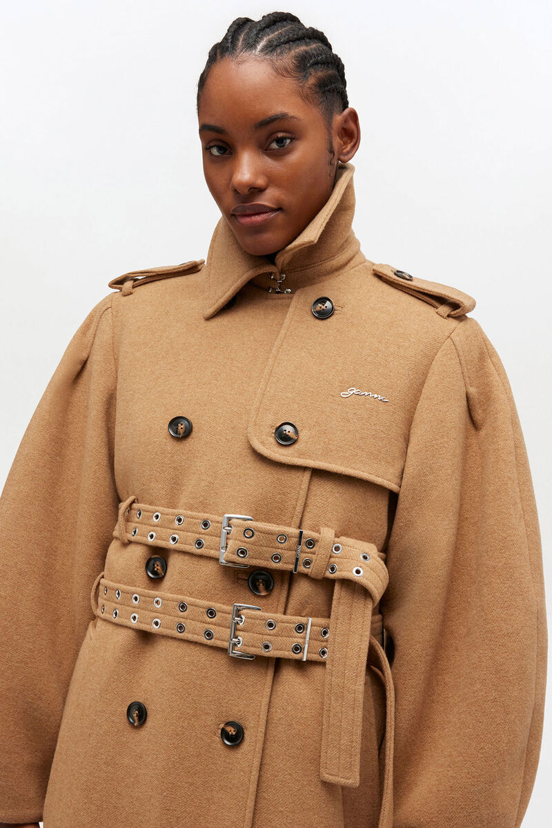 Grey Wool Trench Coat, in colour Tiger's Eye - 3 - GANNI