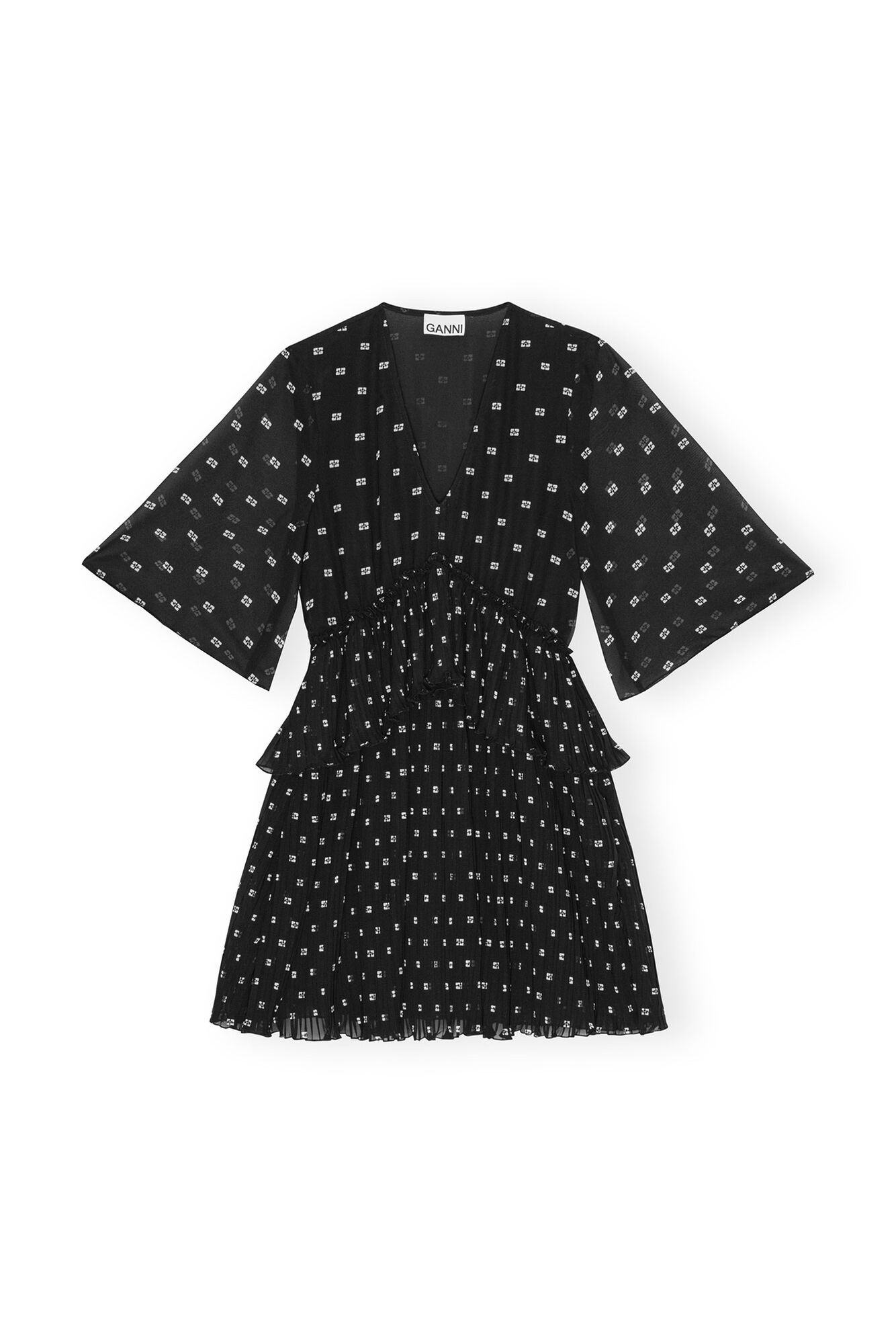 Black Pleated Georgette V-neck Flounce Minikjole, Recycled Polyester, in colour Black - 1 - GANNI