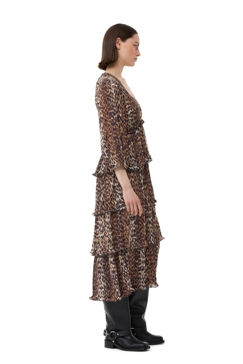 Leopard Pleated Georgette Flounce Smock Midi Dress, Recycled Polyester, in colour Almond Milk - 3 - GANNI