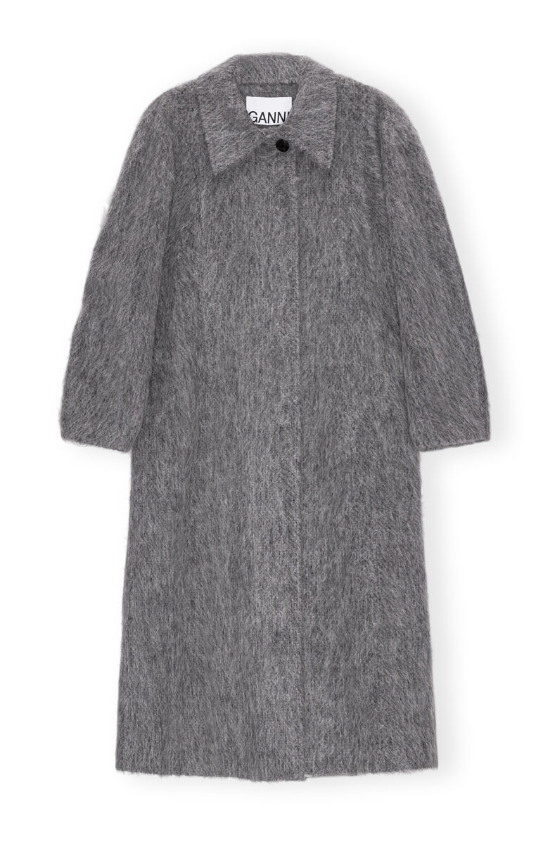 Grey Fluffy Wool Curved Sleeves Frakke, Alpaca, in colour Frost Gray - 1 - GANNI