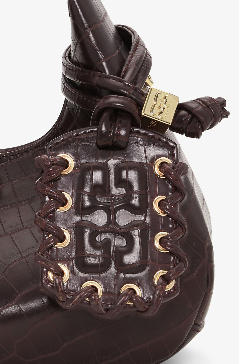 Braune Mini-Hobo-Tasche in Kroko-Optik, Lyocell, in colour Chocolate Fondant - 4 - GANNI
