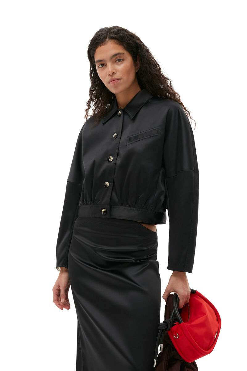 Veste courte en double satin, Elastane, in colour Black - 3 - GANNI