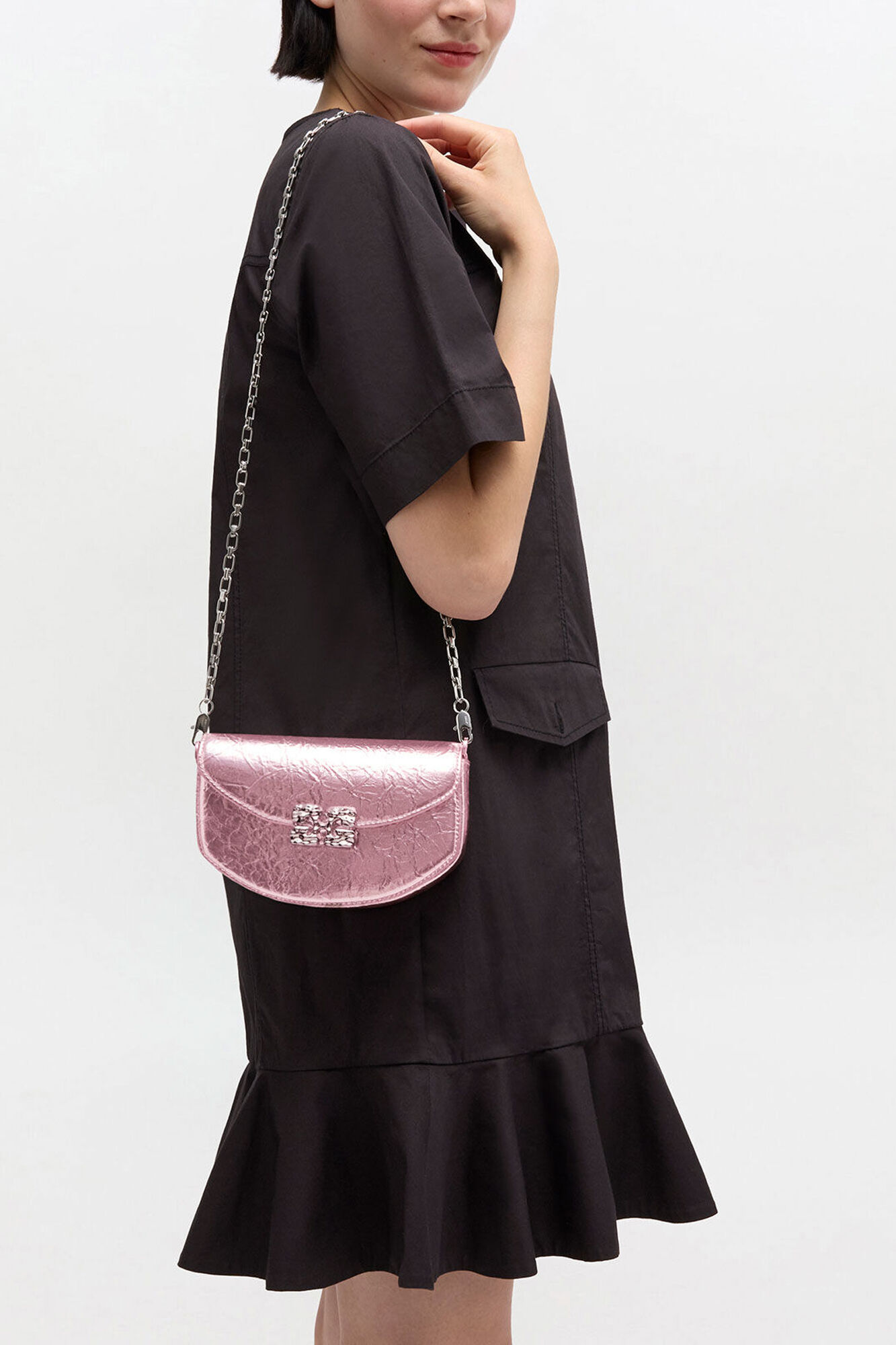 Lulu Wallet On Chain in Metallic, Polyurethane, in colour Silver Pink - 1 - GANNI