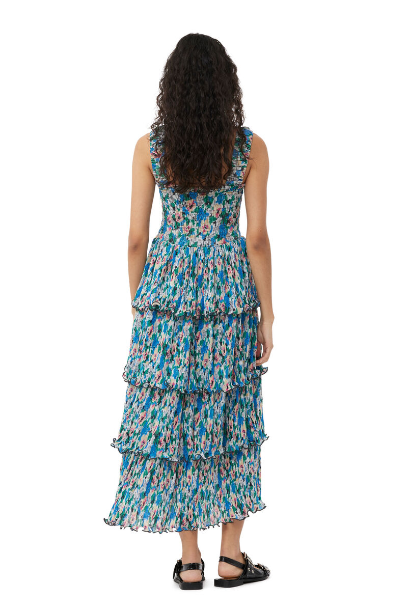 Floral Azure Pleated Georgette Smock Dress | GANNI US