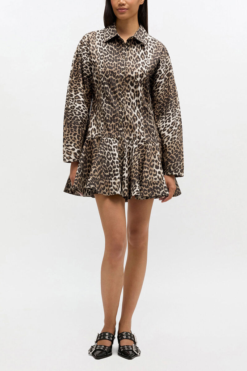 Leopard Shirt Dress, Organic Cotton, in colour Almond Milk - 1 - GANNI